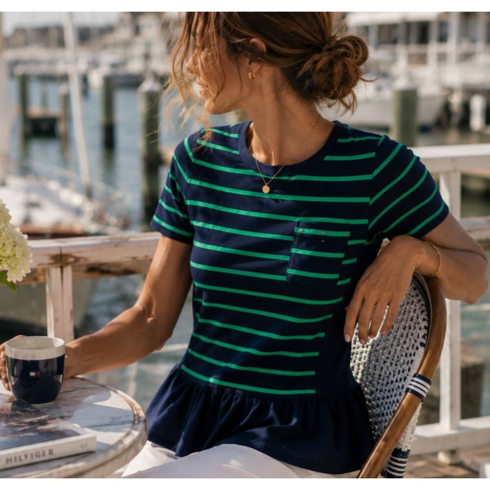 Tommy Hilfiger Navy Green Striped Peplum Top Women's S Coastal Preppy